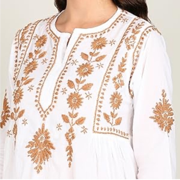 Vahson Handmade Short Chikan Cotton Kurti Embroidered Womens Sz Large White NEW - Picture 2 of 15